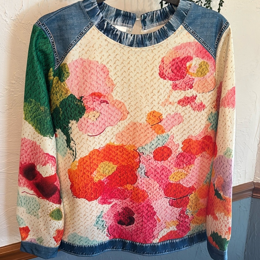 Cherry Betty top. Faux knitted pattern with a faux denim print.